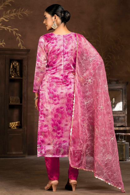 Pink Colour Unstitched Organza Banarasi Jacquard Pant Style Suit