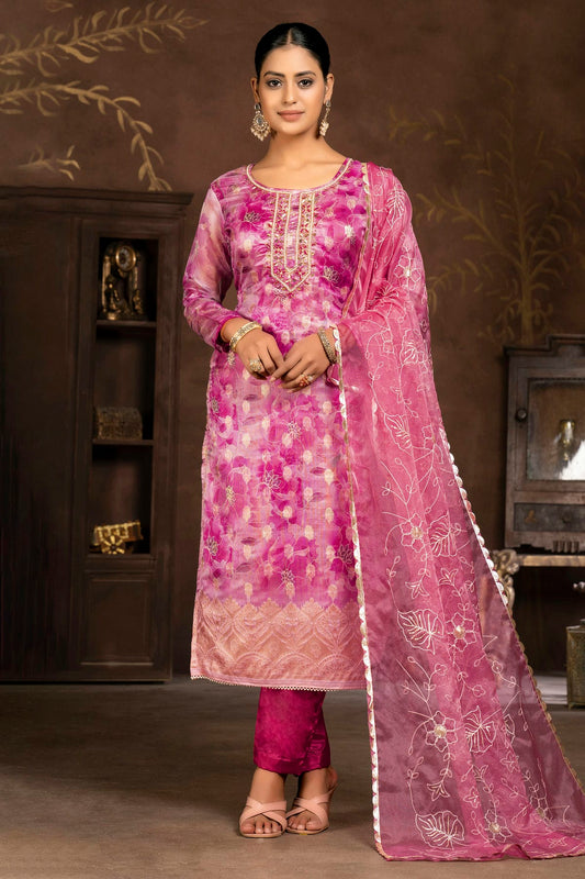 Pink Colour Unstitched Organza Banarasi Jacquard Pant Style Suit