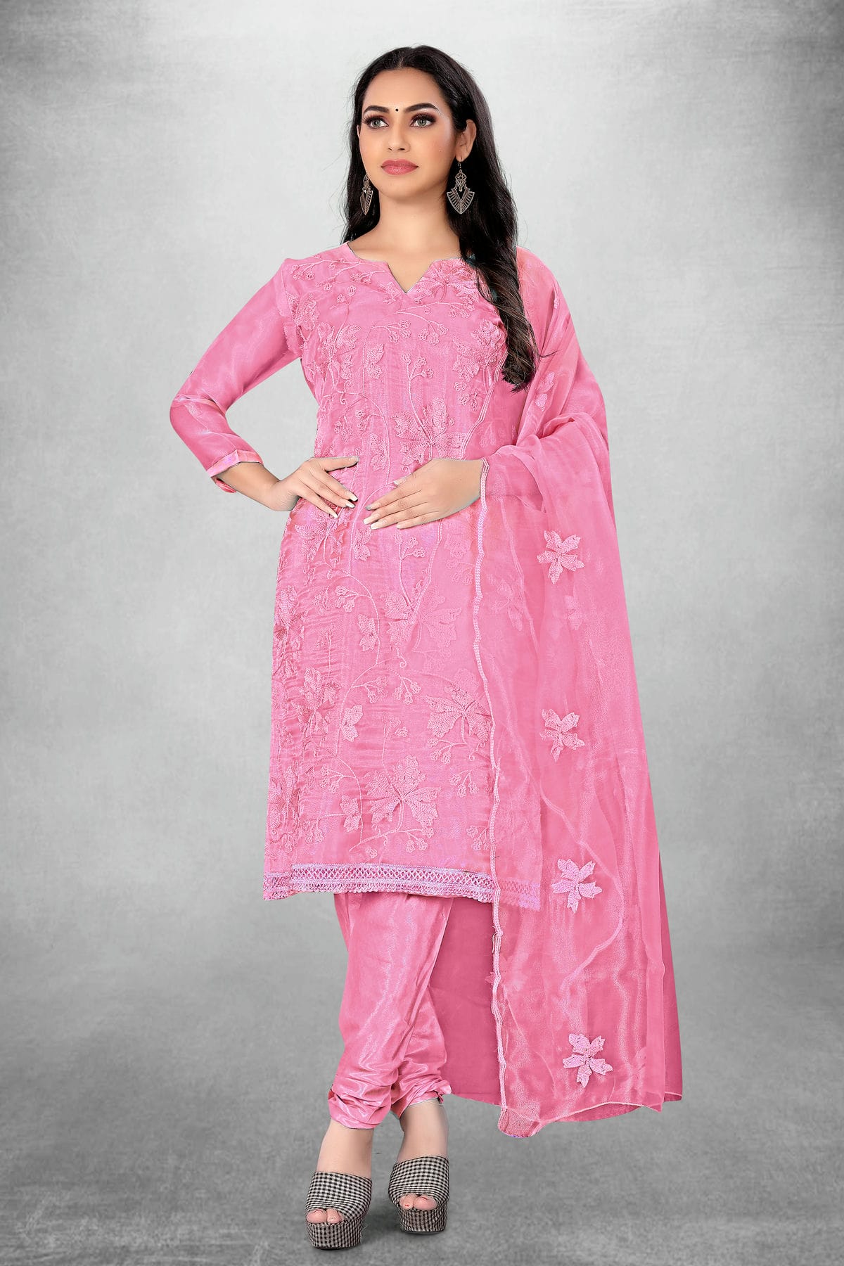 Pink Colour Unstitched Organza Churidar Suit