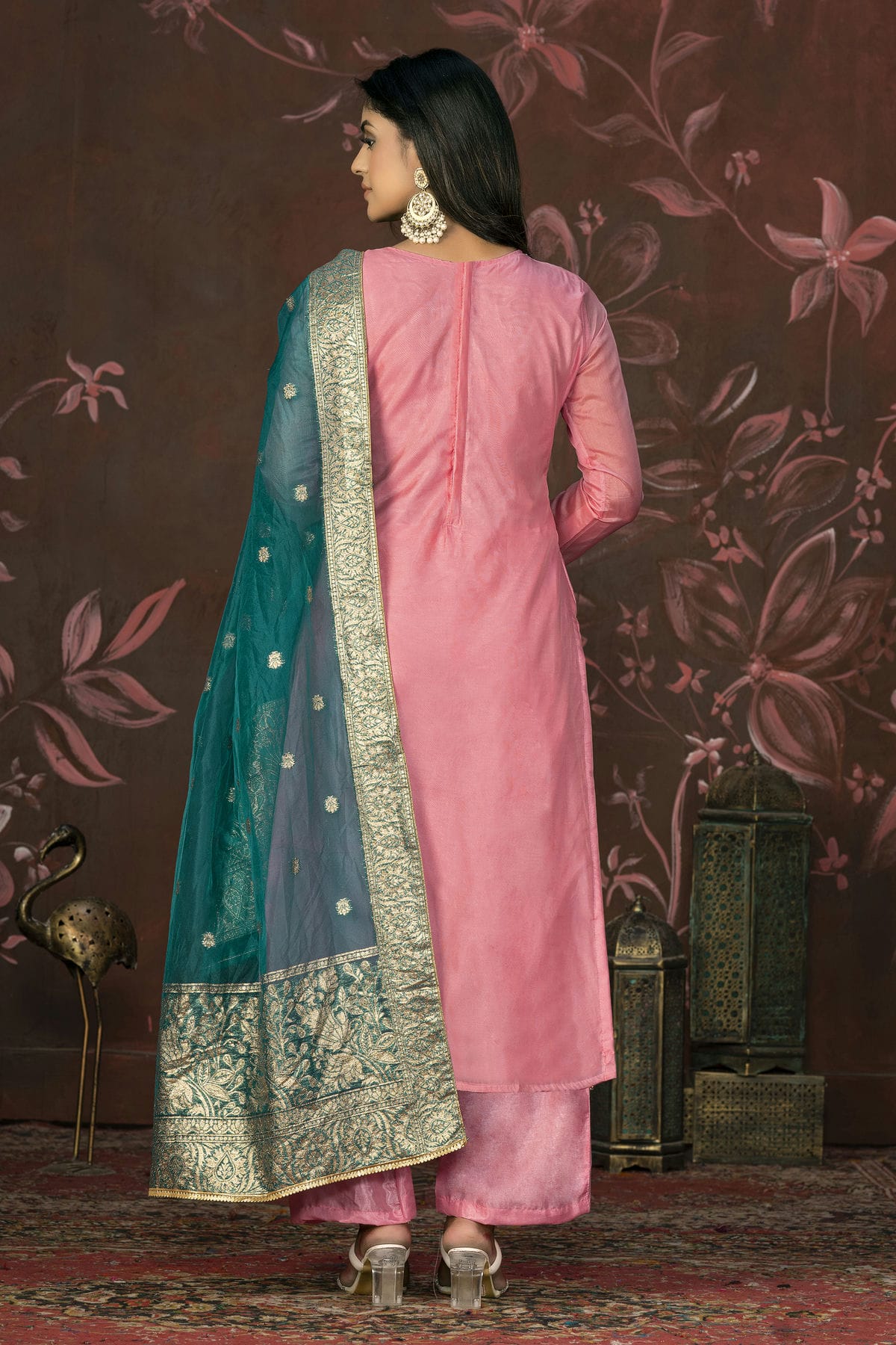 Pink Colour Unstitched Organza Jacquard Straight Suit