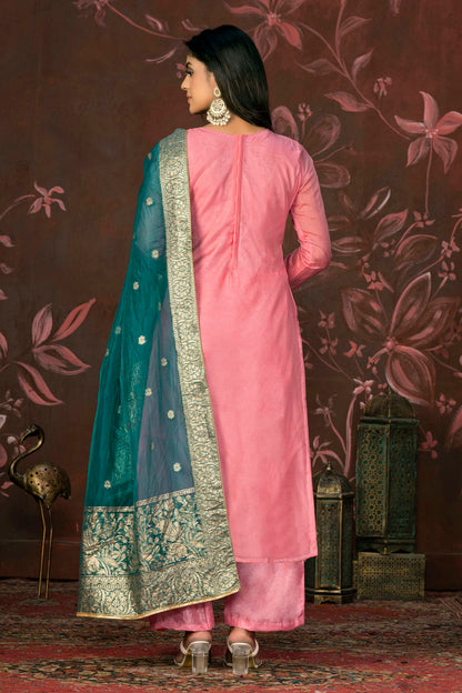 Pink Colour Unstitched Organza Jacquard Straight Suit