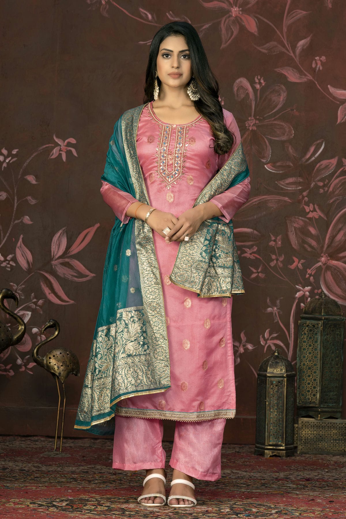 Pink Colour Unstitched Organza Jacquard Straight Suit