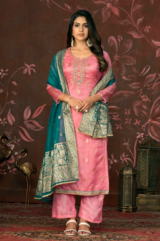 Pink Colour Unstitched Organza Jacquard Straight Suit