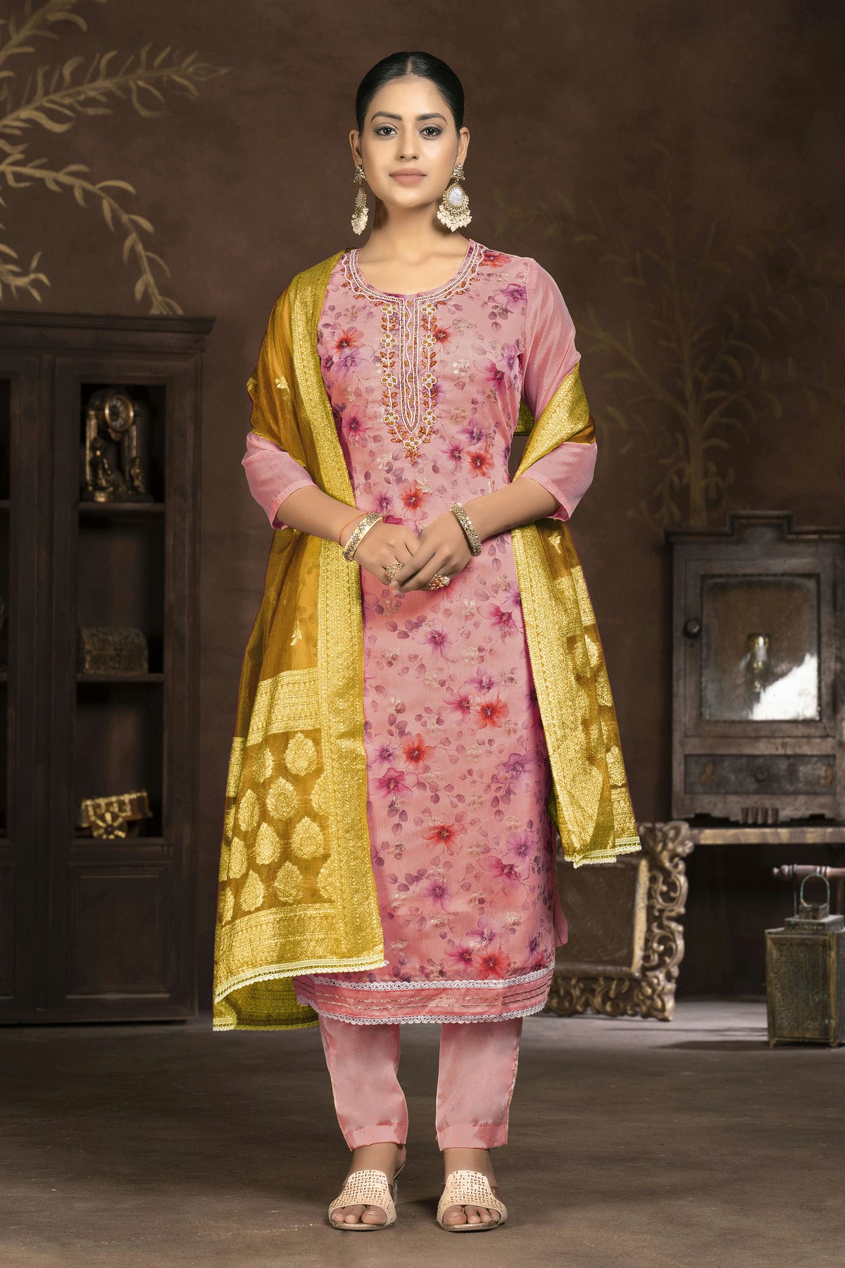 Pink Colour Unstitched Organza Pant Style Suit