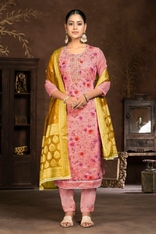 Pink Colour Unstitched Organza Pant Style Suit