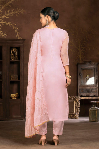 Pink Colour Unstitched Organza Pant Style Suit