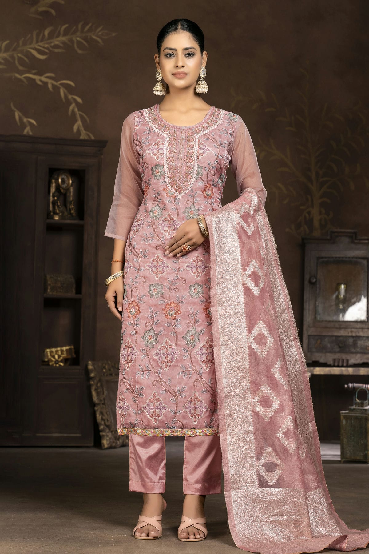 Pink Colour Unstitched Organza Pant Style Suit