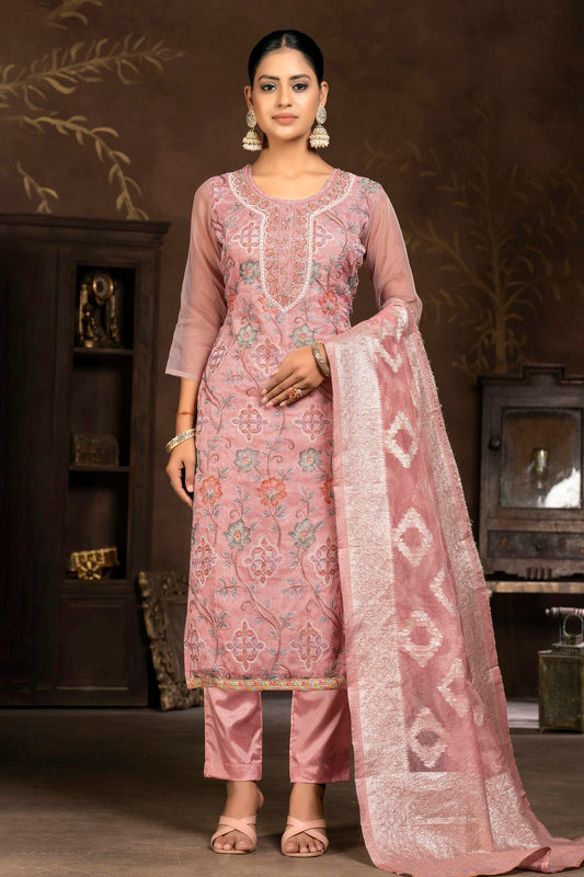 Pink Colour Unstitched Organza Pant Style Suit