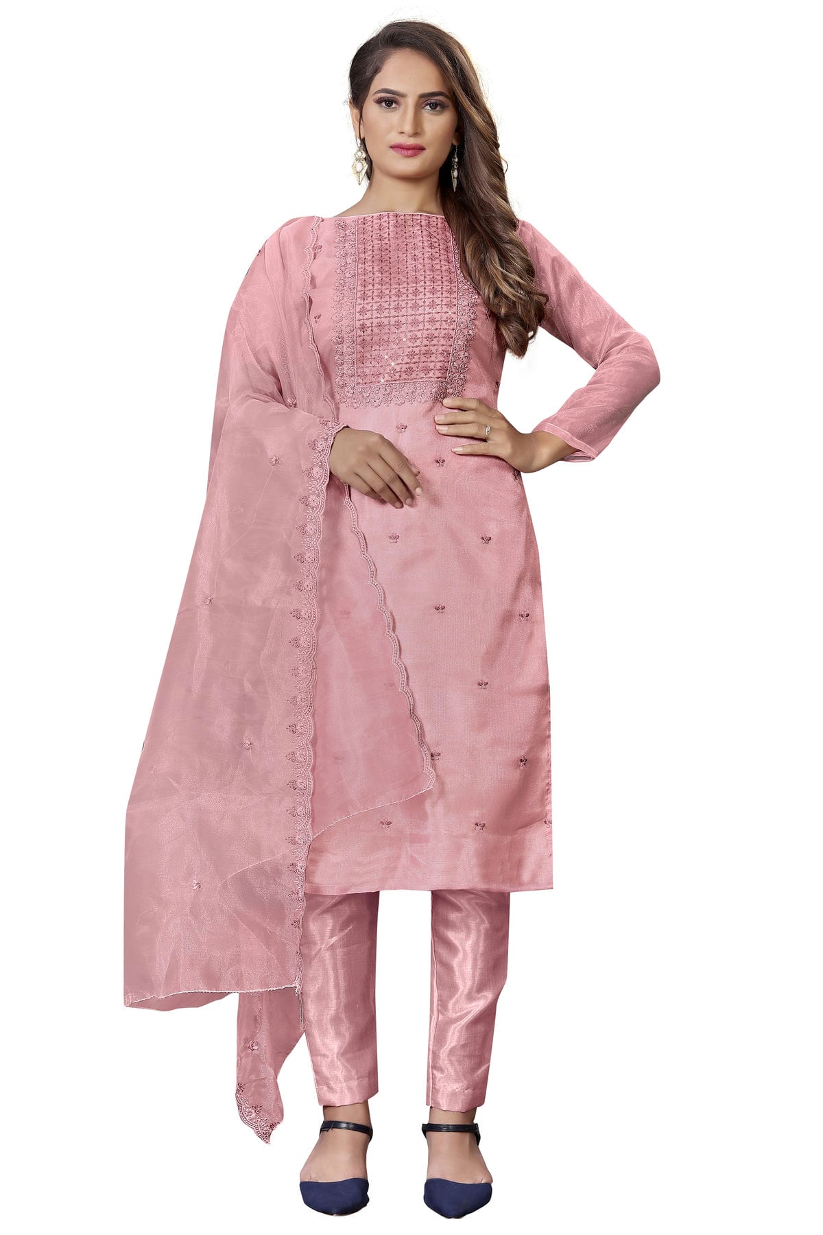 Pink Colour Unstitched Organza Straight Suit