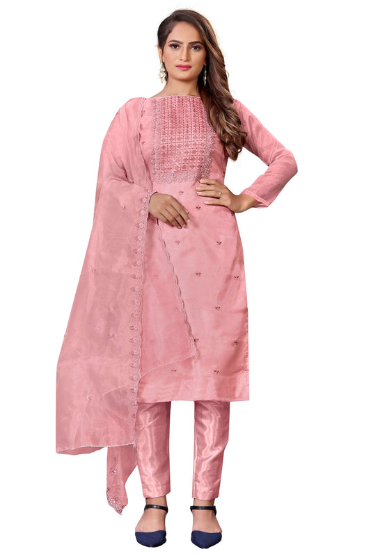 Pink Colour Unstitched Organza Straight Suit