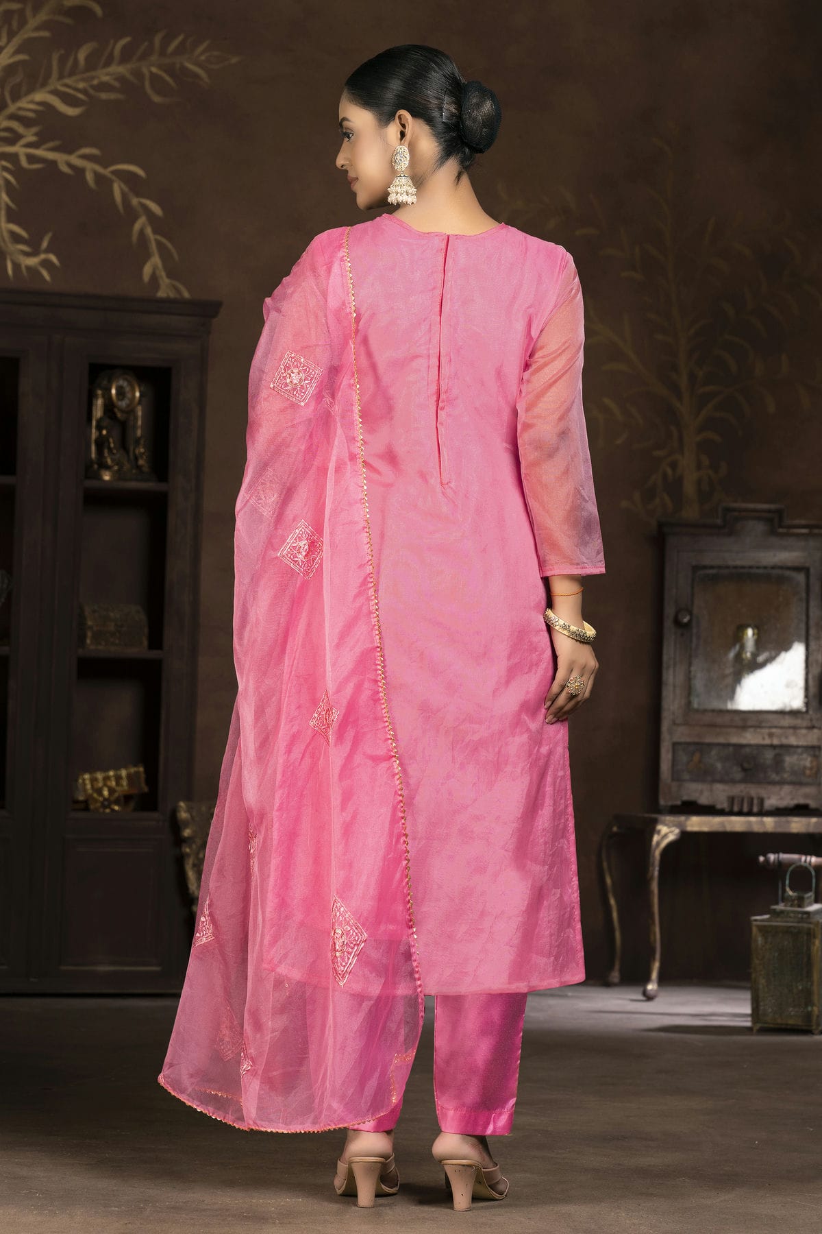 Pink Colour Unstitched Pure Organza Pant Style Suit