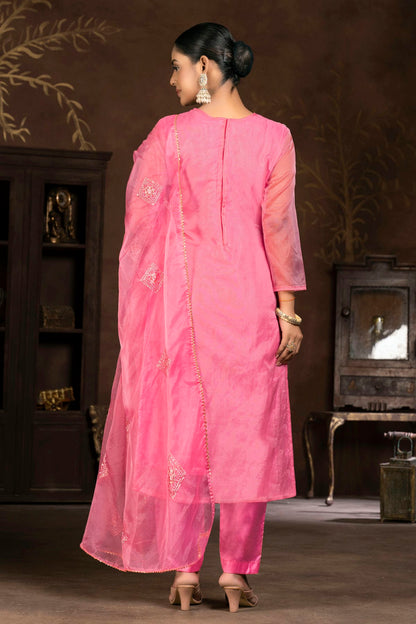 Pink Colour Unstitched Pure Organza Pant Style Suit