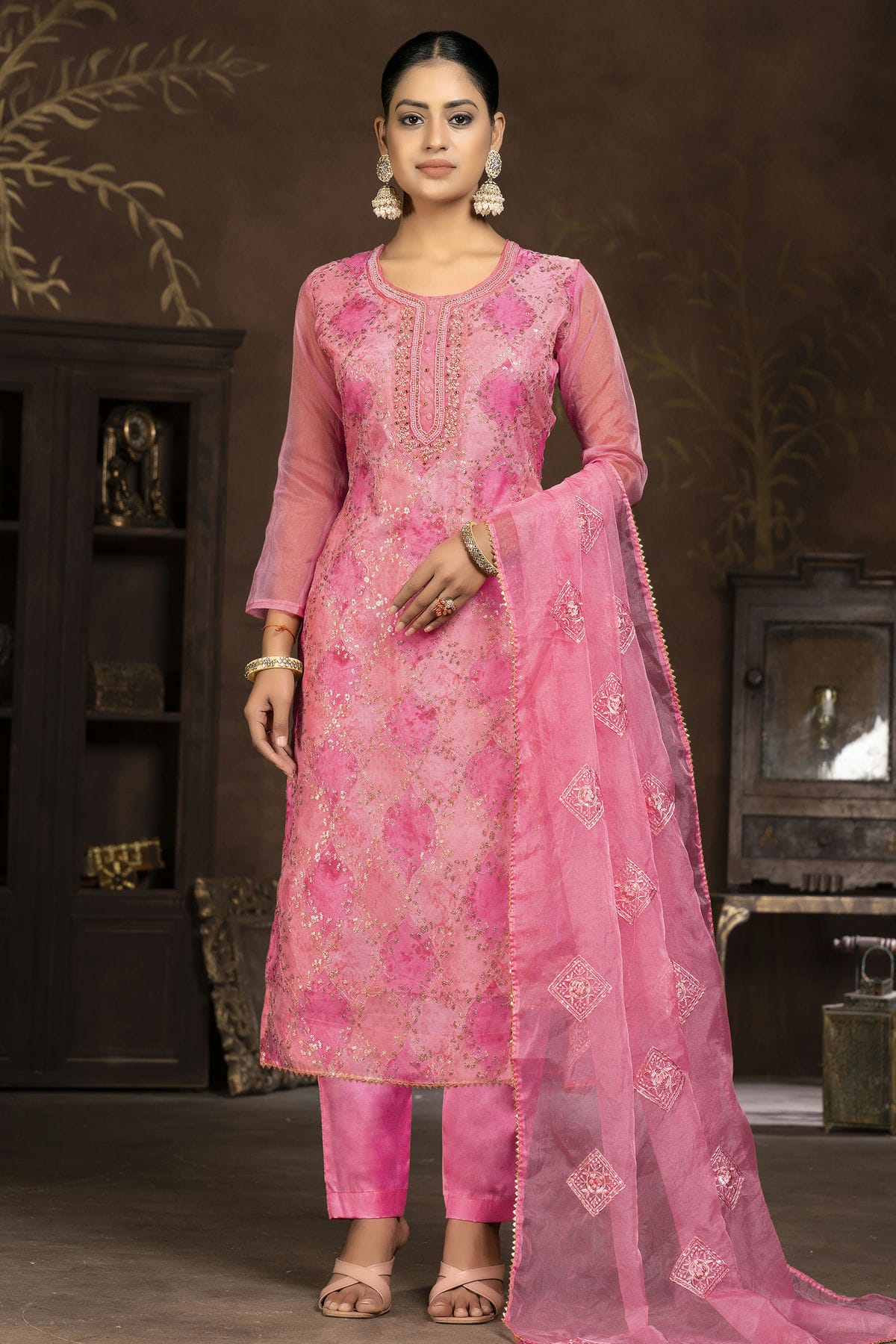 Pink Colour Unstitched Pure Organza Pant Style Suit