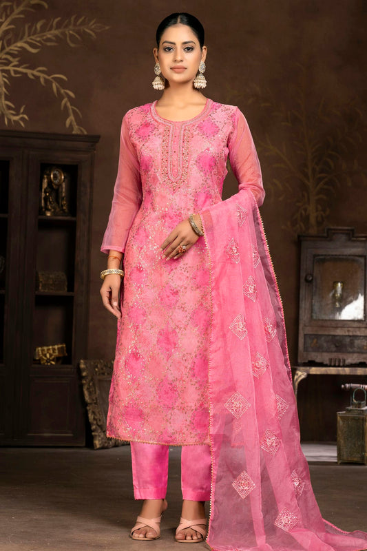 Pink Colour Unstitched Pure Organza Pant Style Suit