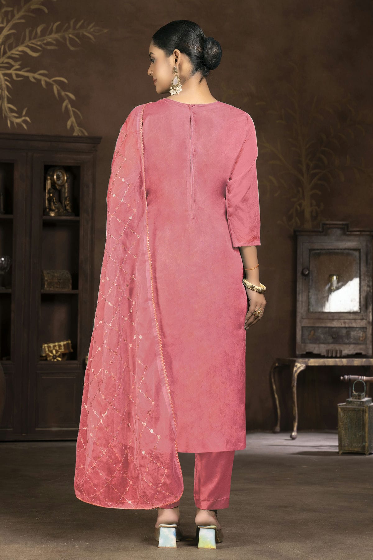 Pink Colour Unstitched Pure Organza Pant Style Suit