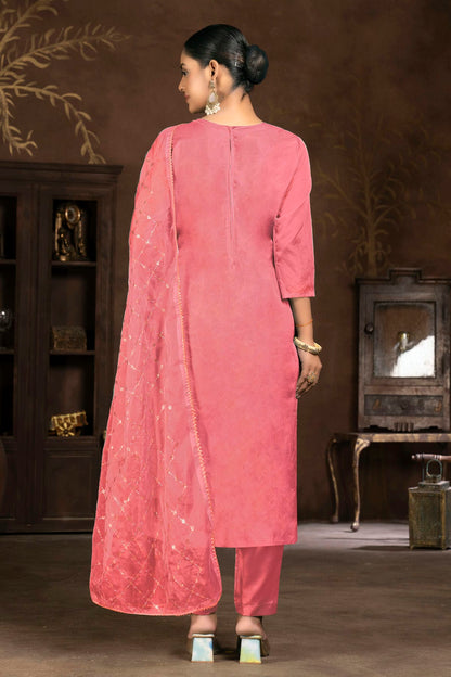 Pink Colour Unstitched Pure Organza Pant Style Suit