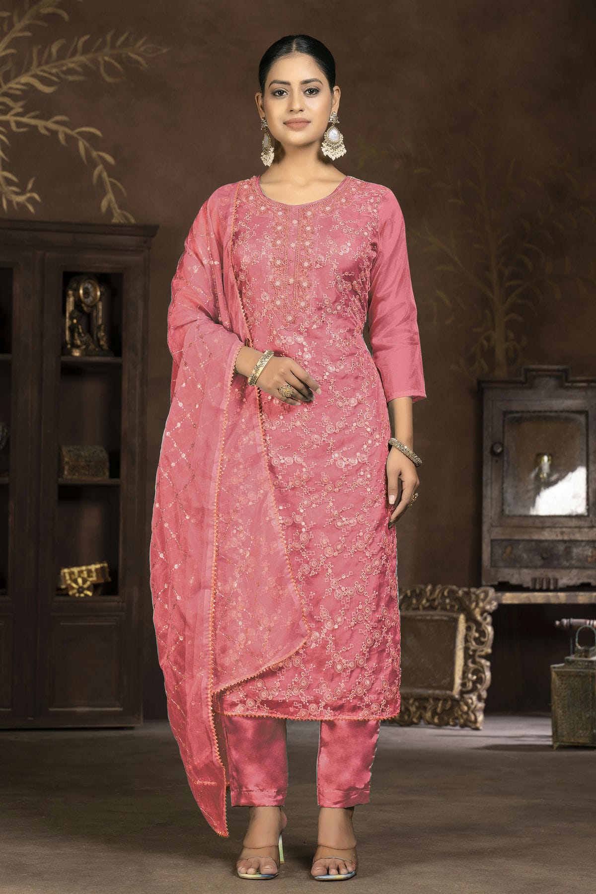 Pink Colour Unstitched Pure Organza Pant Style Suit