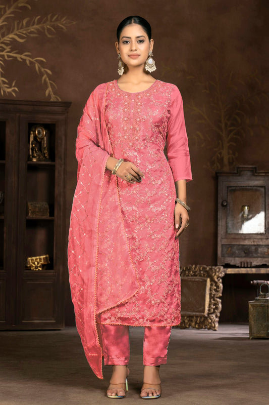 Pink Colour Unstitched Pure Organza Pant Style Suit