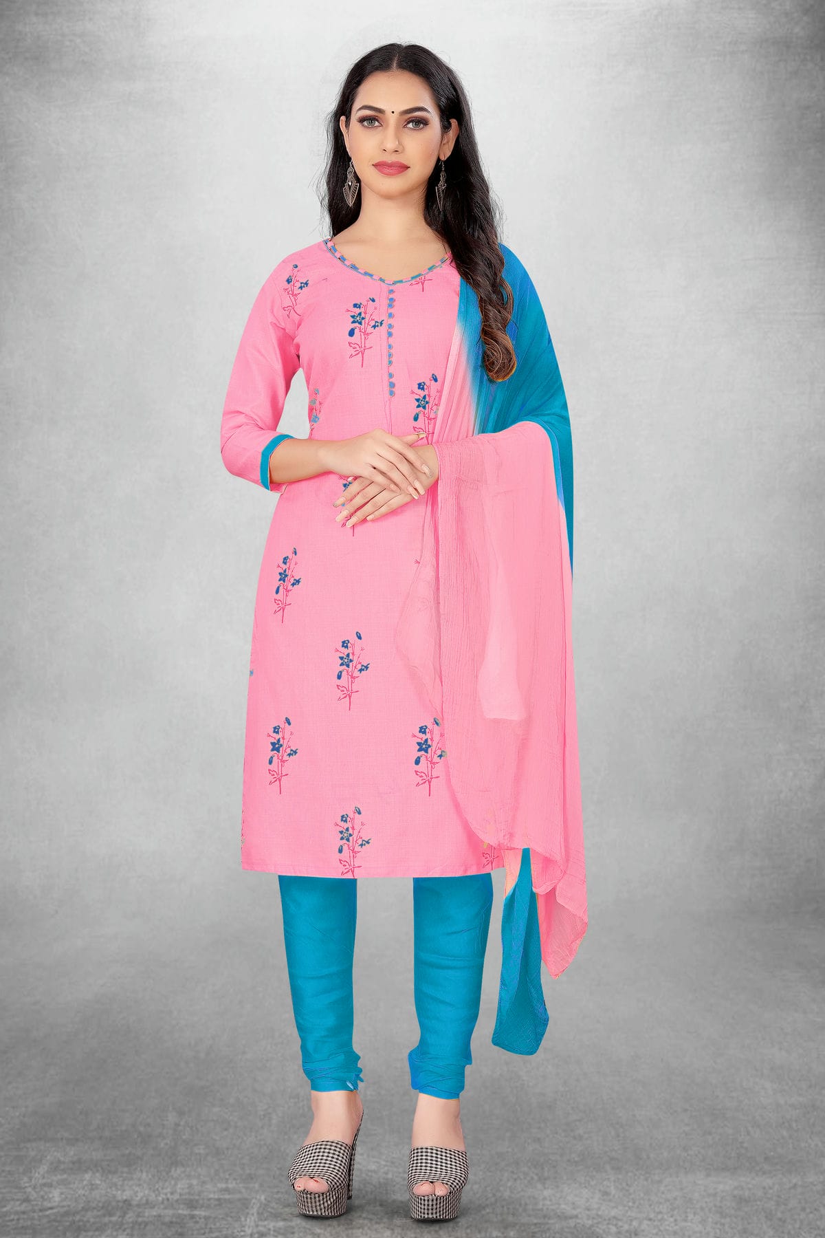 Pink Colour Unstitched Slub Cotton Churidar Suit