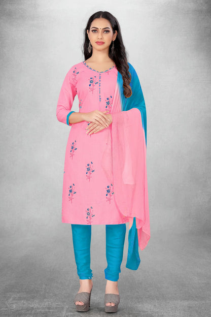 Pink Colour Unstitched Slub Cotton Churidar Suit