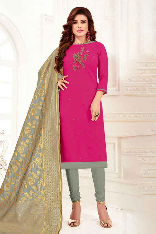 Pink Colour Unstitched Slub Cotton Churidar Suit