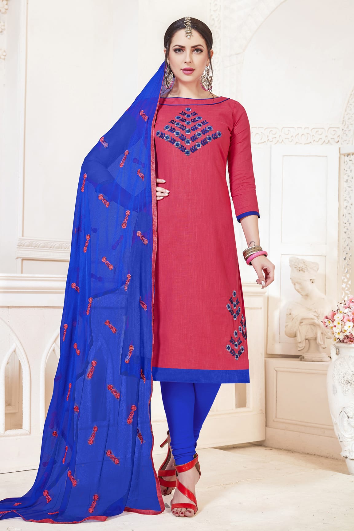 Pink Colour Unstitched South Cotton Slub Churidar Suit