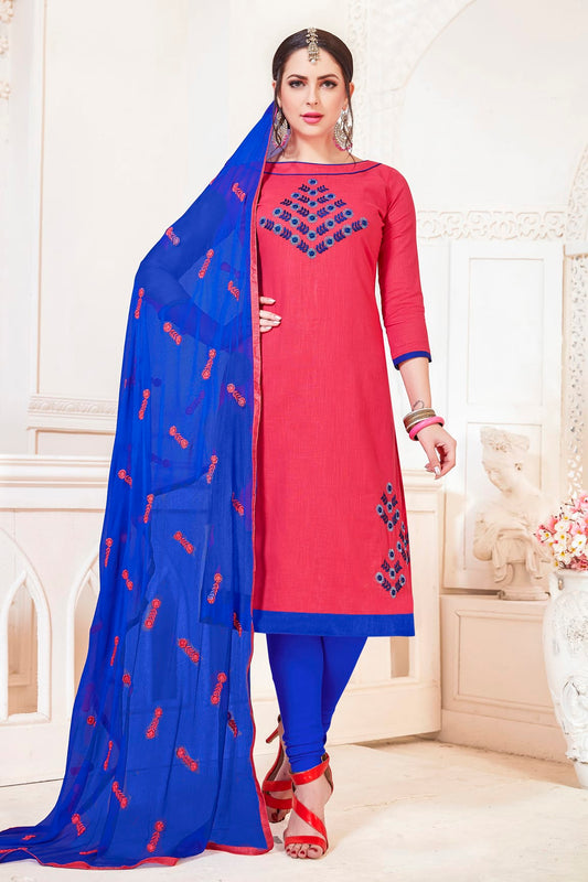 Pink Colour Unstitched South Cotton Slub Churidar Suit