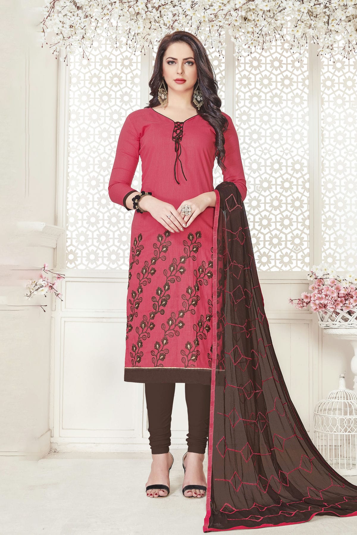 Pink Colour Unstitched South Cotton Slub Churidar Suit