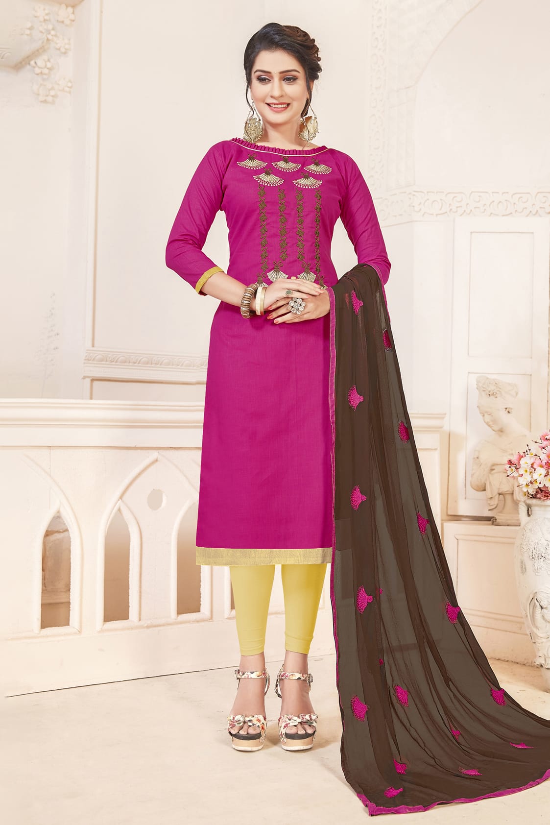 Pink Colour Unstitched South Cotton Slub Straight Suit