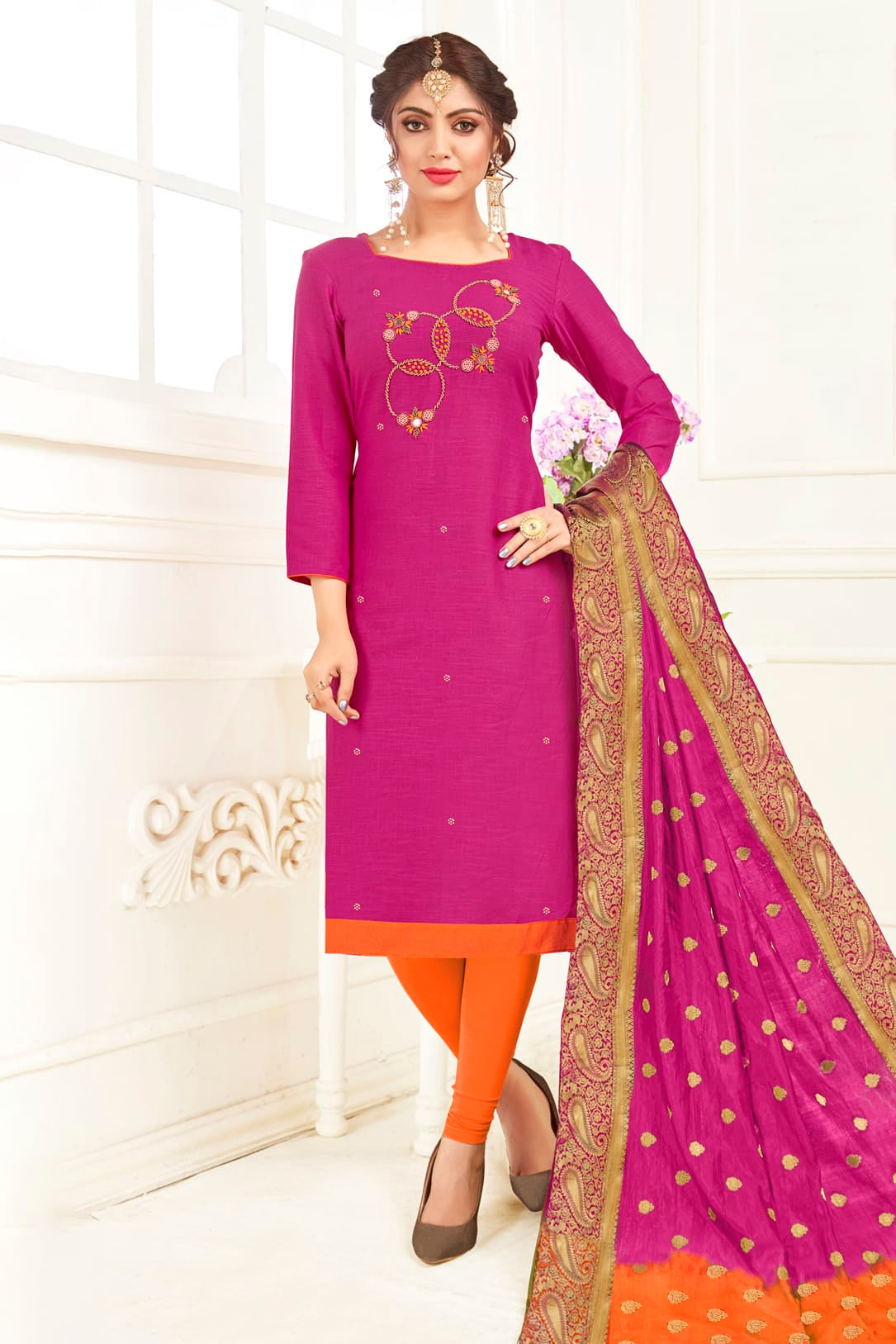 Pink Colour Unstitched South Slub Cotton Straight Suit