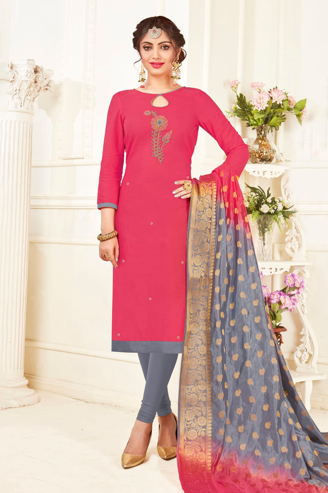 Pink Colour Unstitched South Slub Cotton Straight Suit