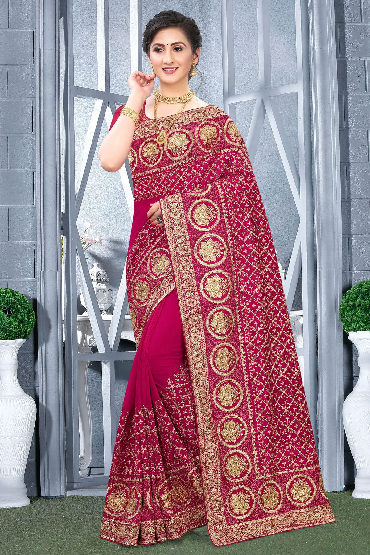 Pink Colour Vichitra Bloming Silk Designer Saree