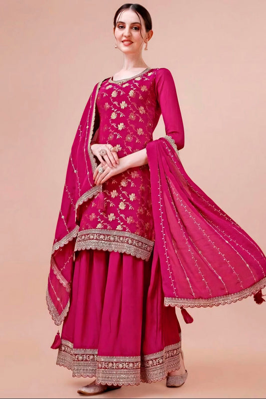 Pink Colour Viscose Chinon Sharara Suit