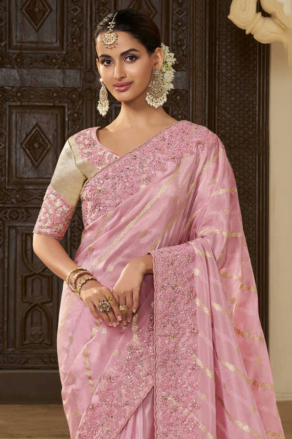 Pink Colour Viscose Tissue Designer Saree