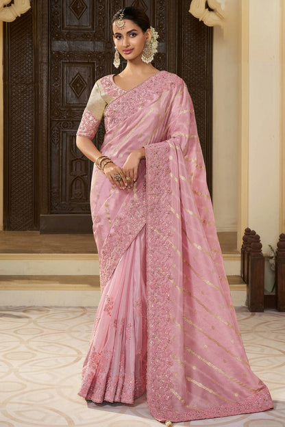 Pink Colour Viscose Tissue Designer Saree