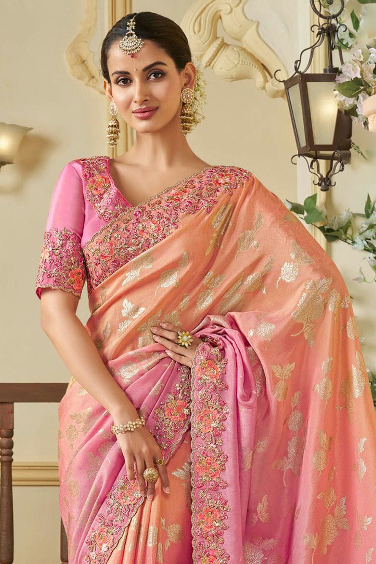 Pink Colour Viscose Tissue Designer Saree