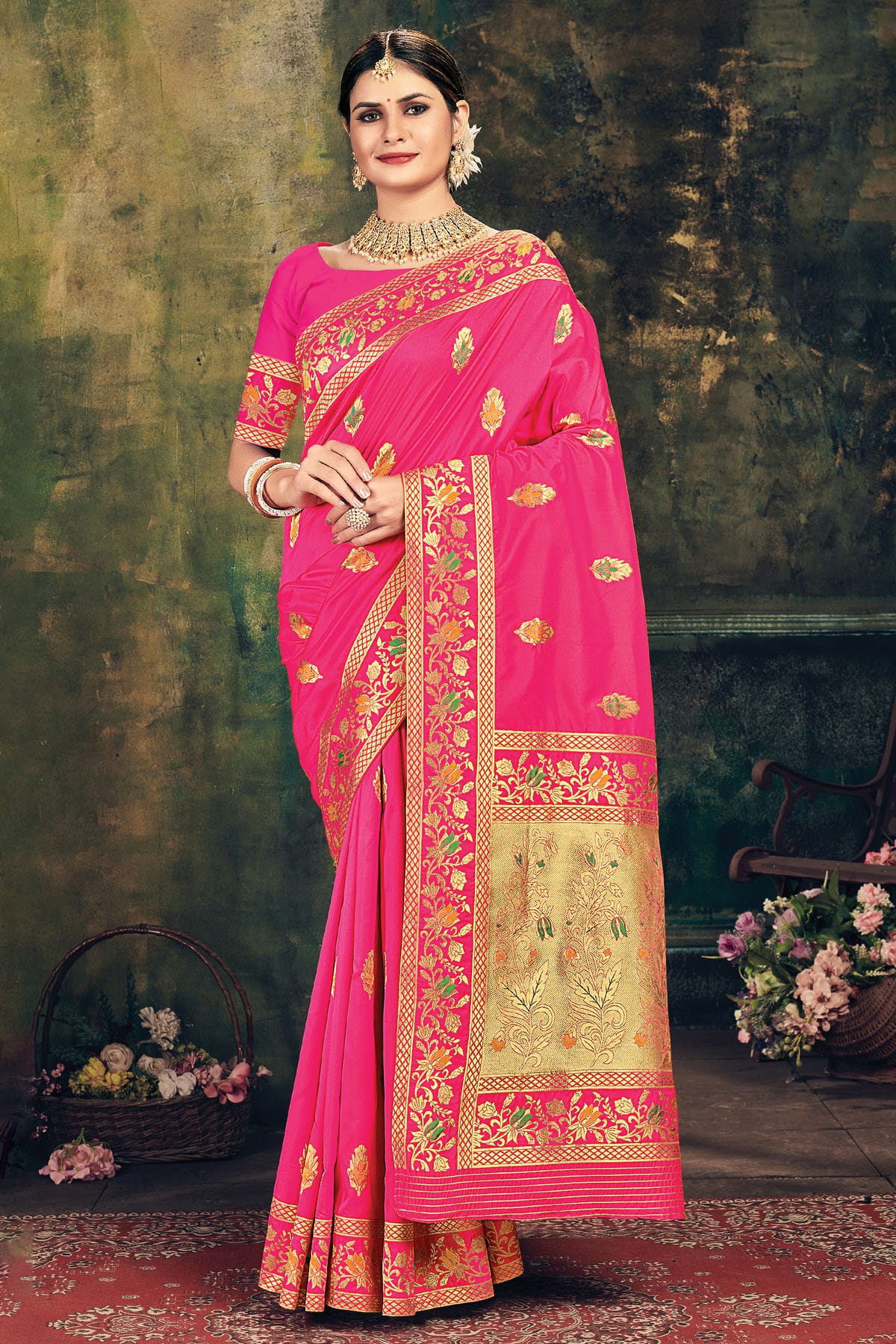 Pink Colour Woven Work Banarasi Silk Saree