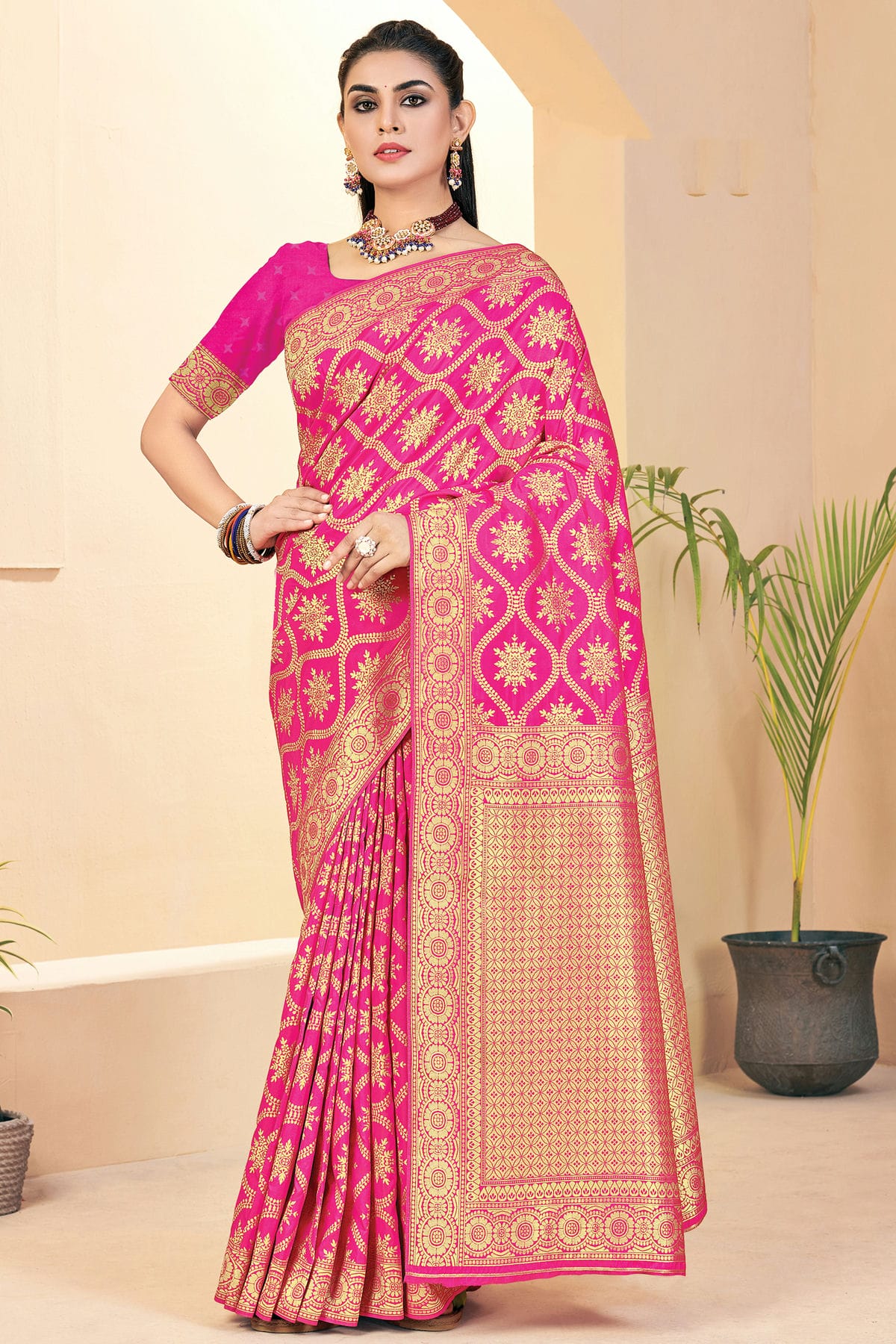 Pink Colour Woven Work Banarasi Silk Saree