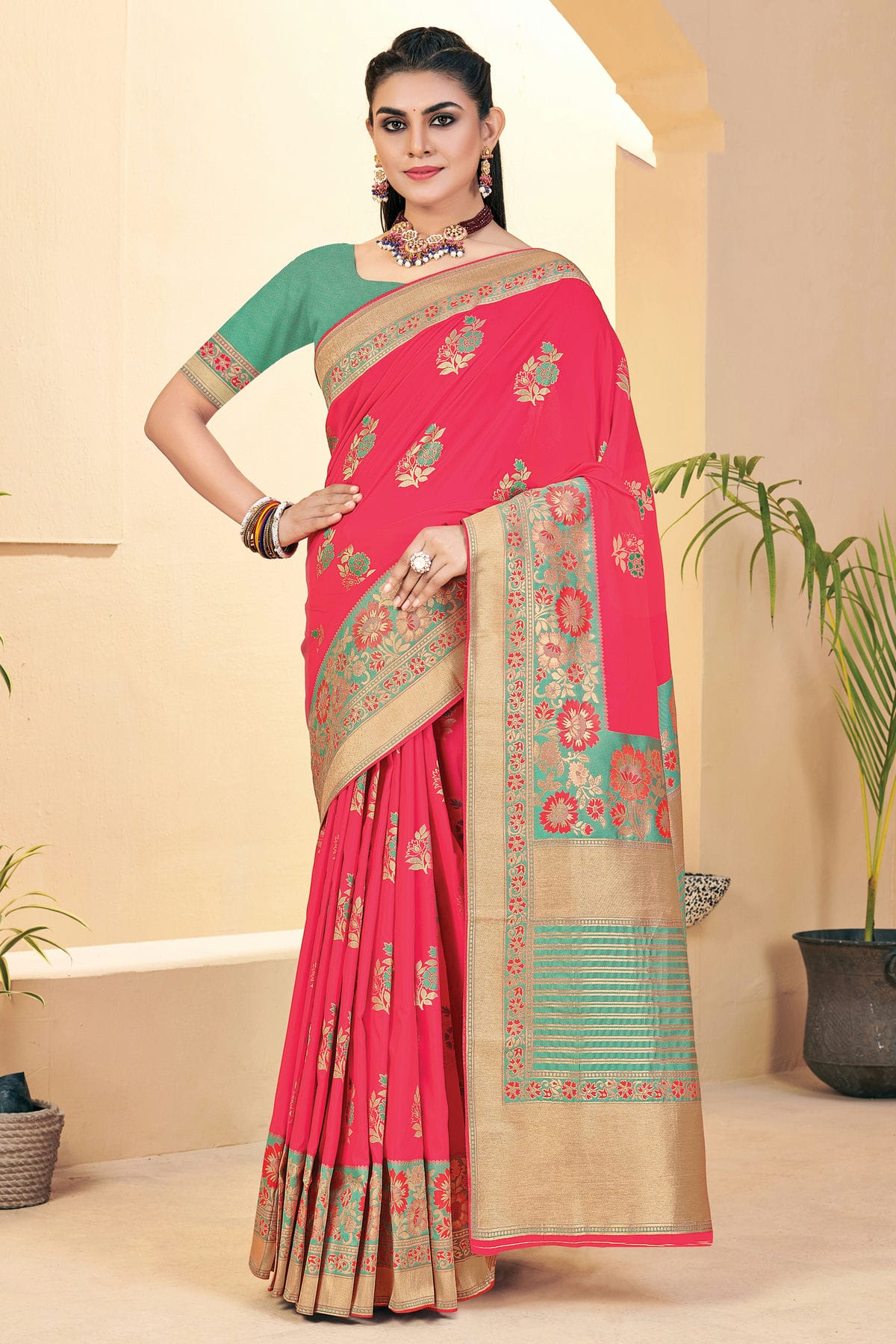 Pink Colour Woven Work Banarasi Silk Saree