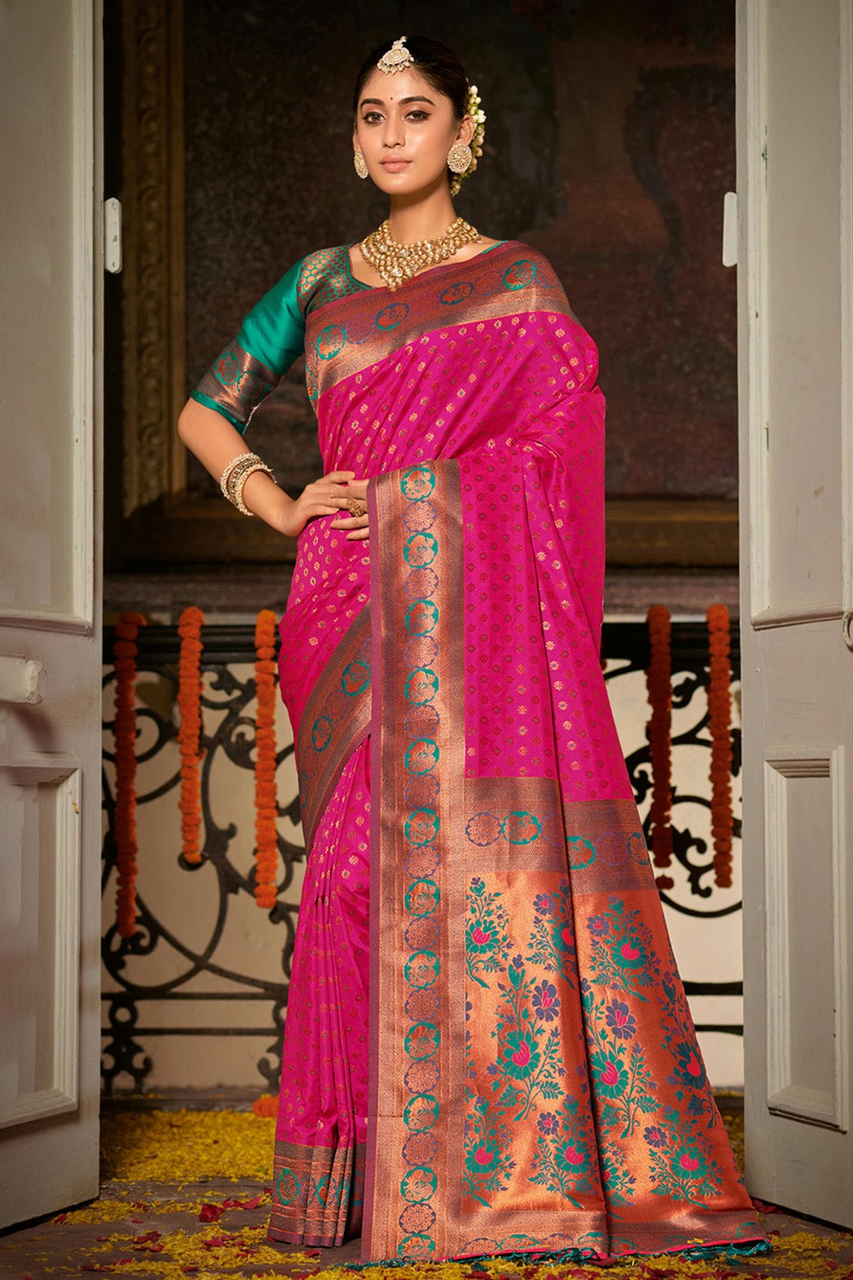 Pink Colour Woven Work Banarasi Silk Saree