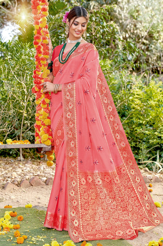 Pink Colour Woven Work Cotton Saree