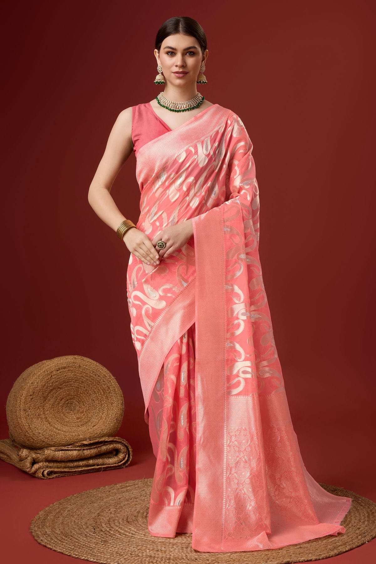 Pink Colour Woven Work Cotton Saree