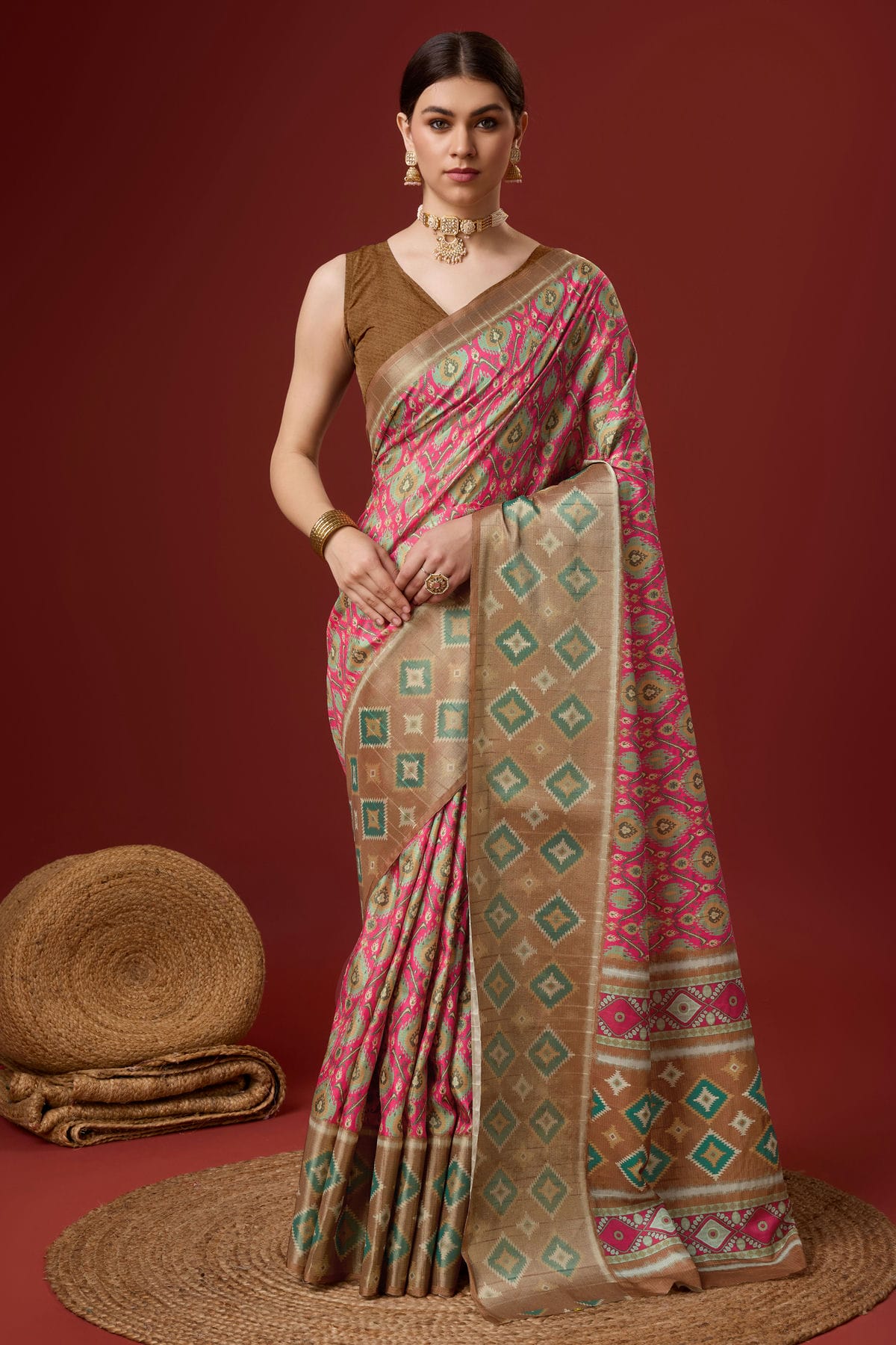 Pink Colour Woven Work Cotton Saree