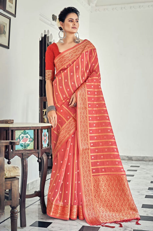 Pink Colour Woven Work Organza Saree