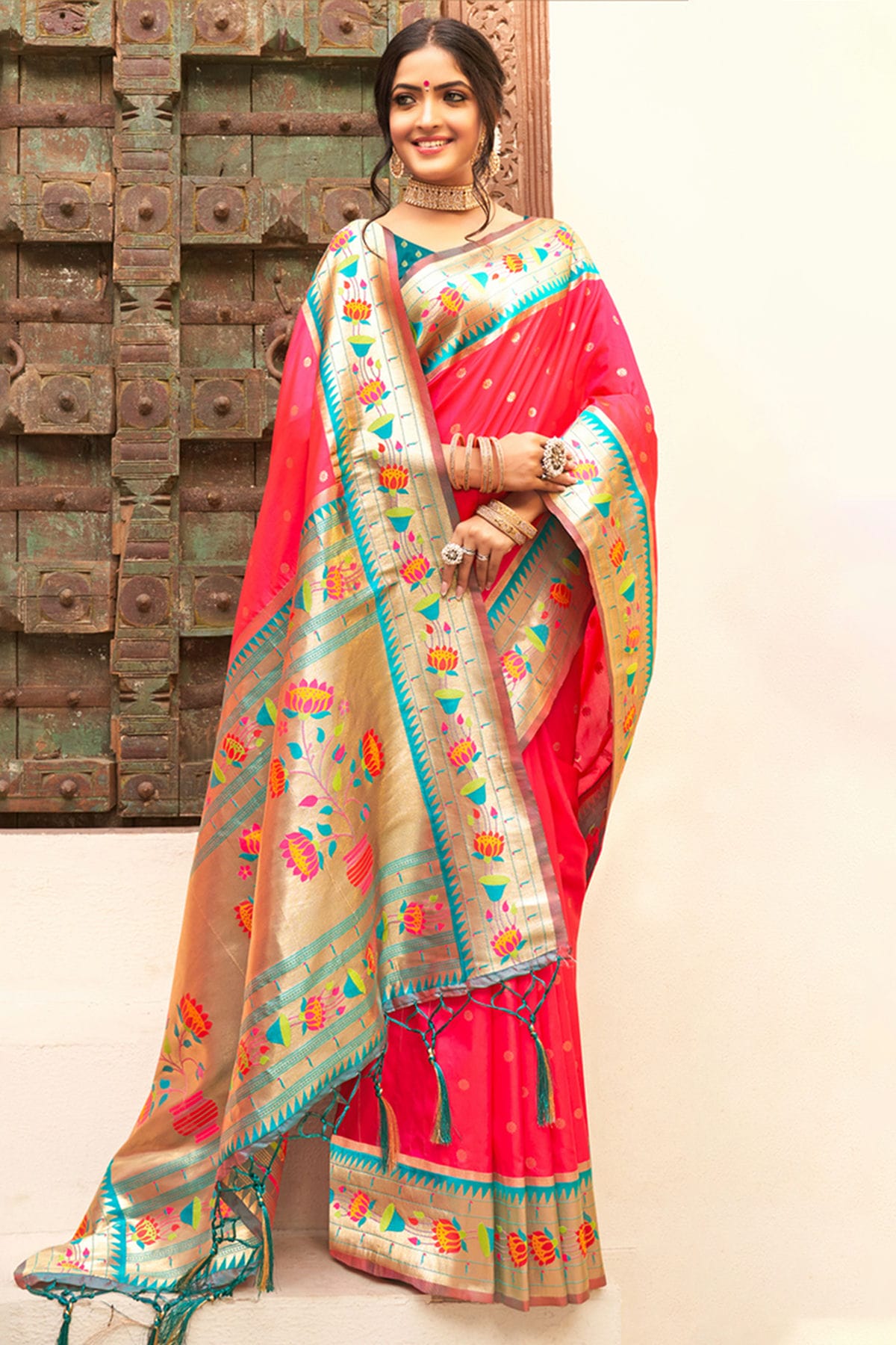 Pink Colour Woven Work Paithani Silk Saree