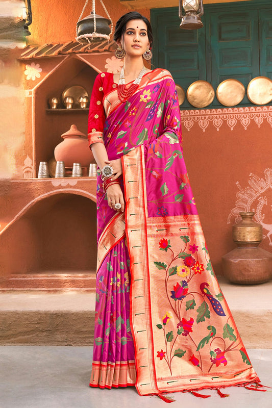 Pink Colour Woven Work Paithani Silk Saree