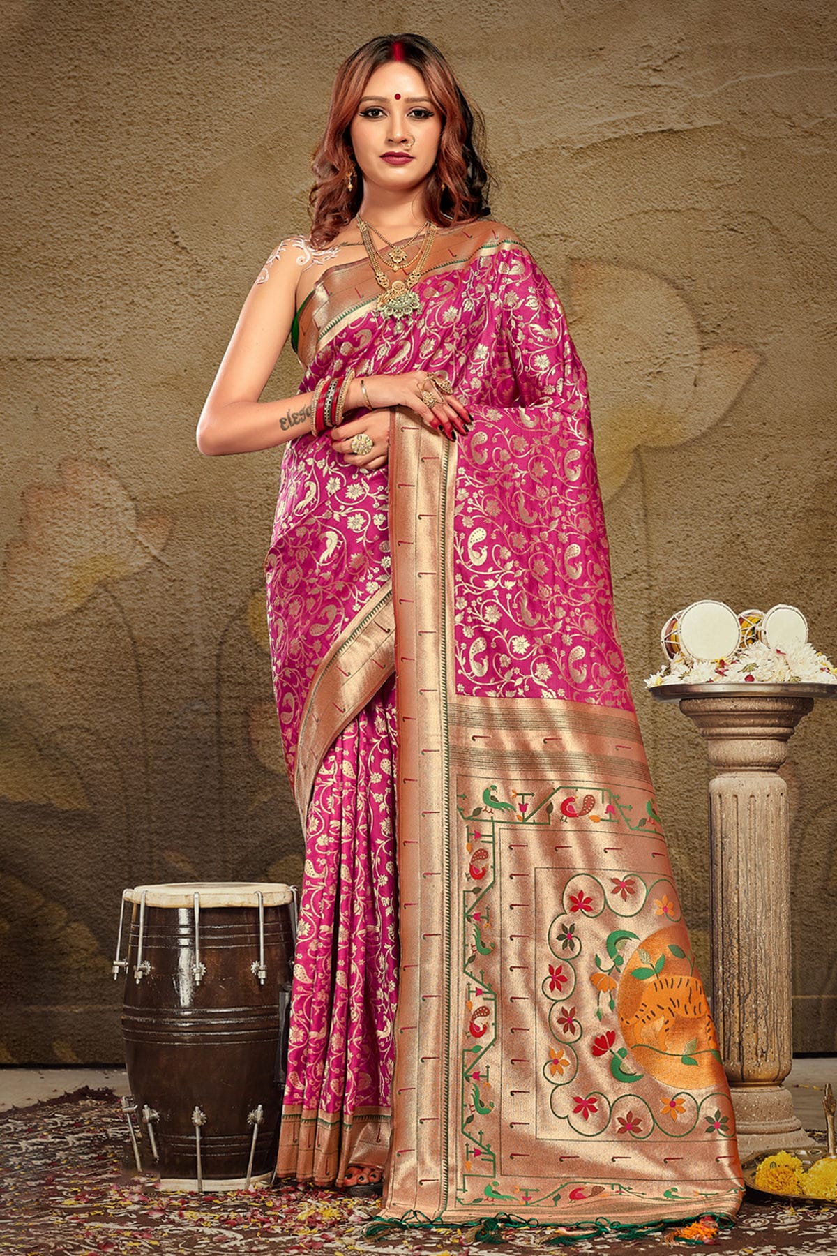 Pink Colour Woven Work Paithani Silk Saree