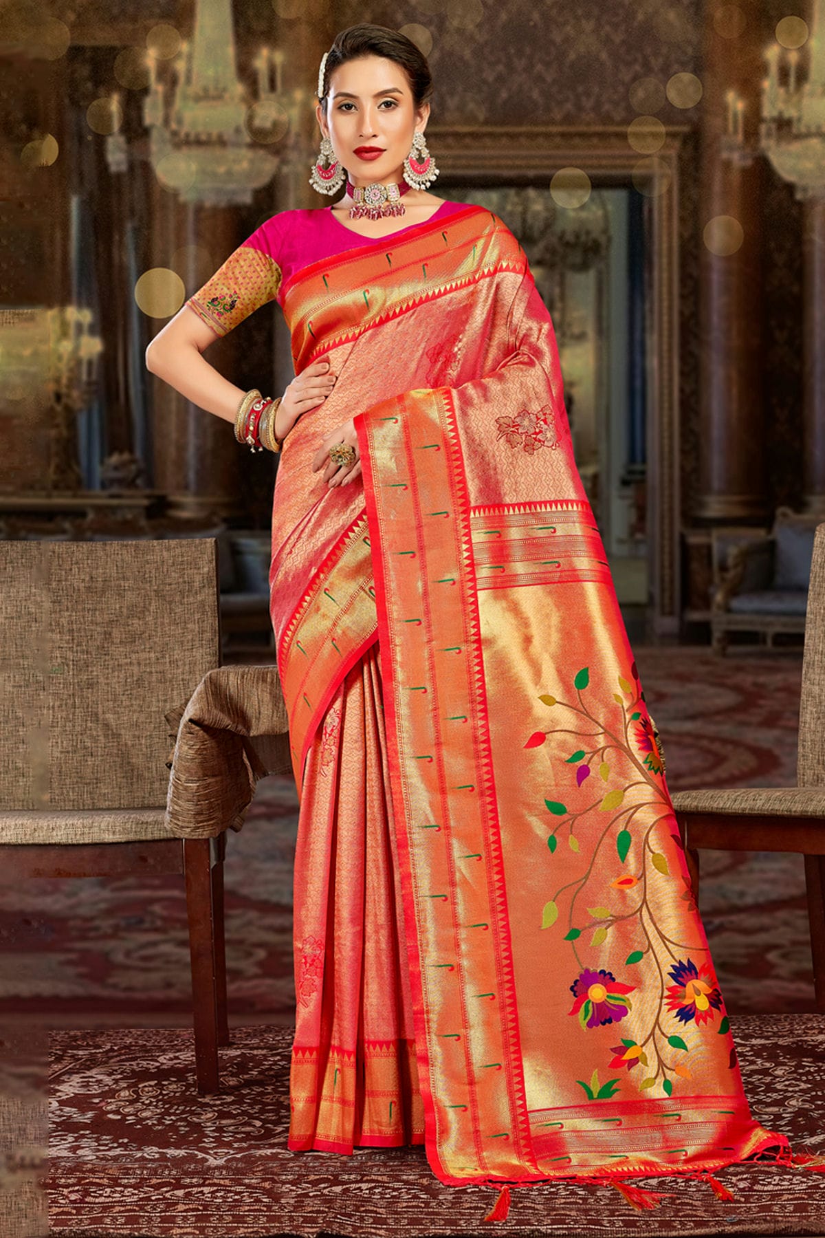 Pink Colour Woven Work Paithani Silk Saree