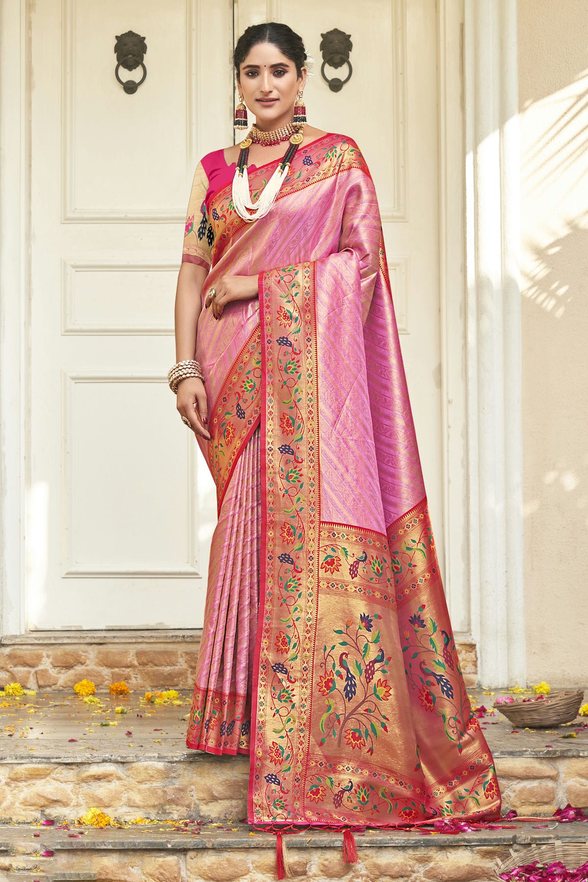 Pink Colour Woven Work Paithani Silk Saree