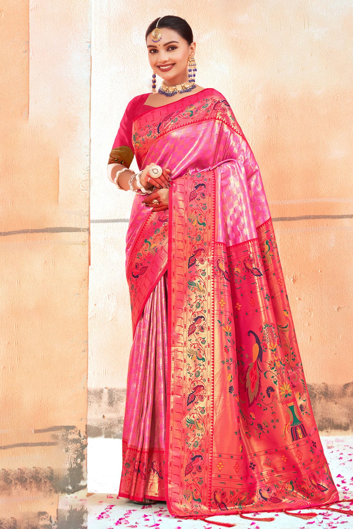 Pink Colour Woven Work Paithani Silk Saree